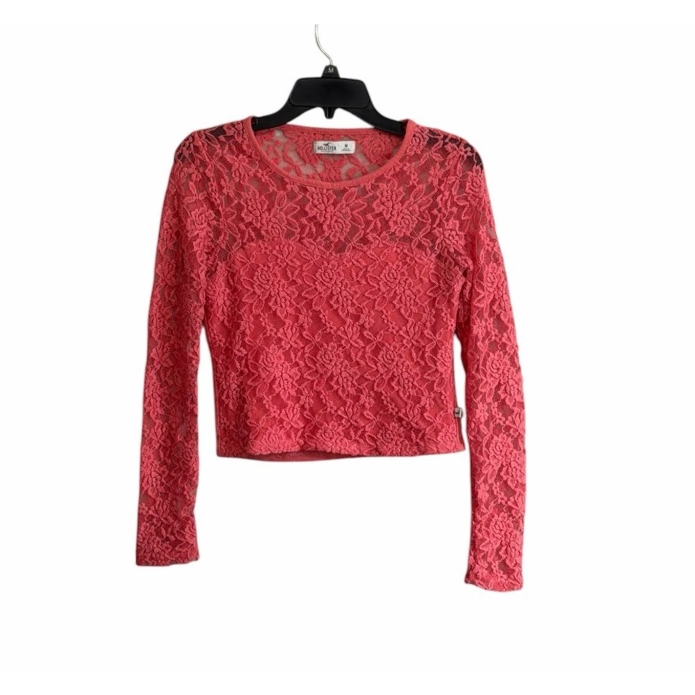 Y2K Hollister Sheer Lace Mesh Top Med Crop Coral Whimsigoth Fairygrunge